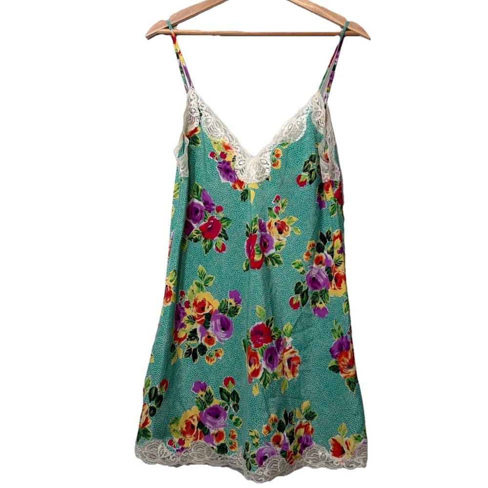 90s Y2K Victoria's Secret Women's Slip Dress‎ Green Floral Polka Dots Lace VTG
